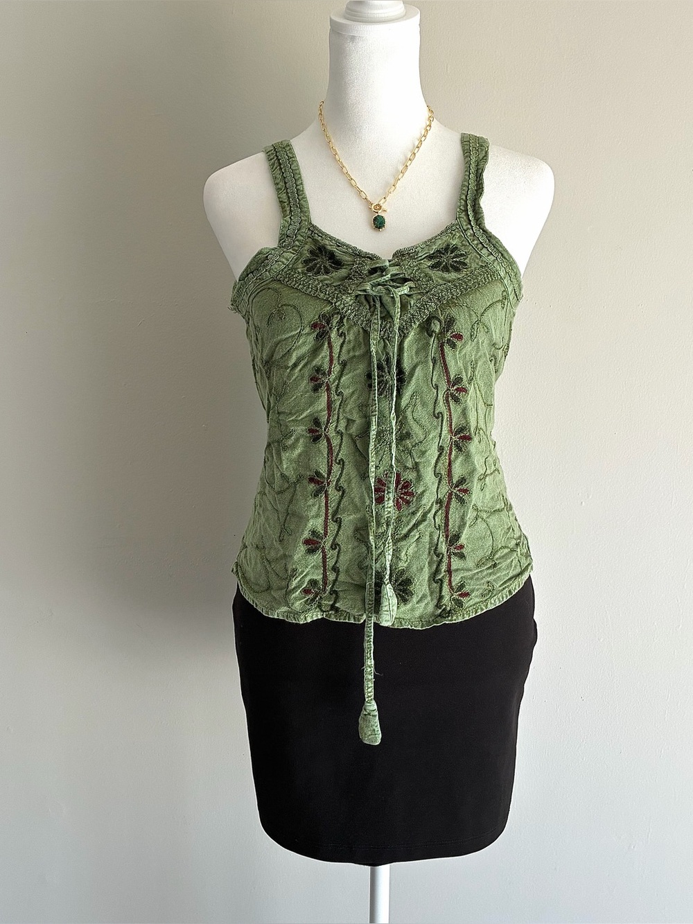 Green embroidered floral tank top with tie front detail & tie back